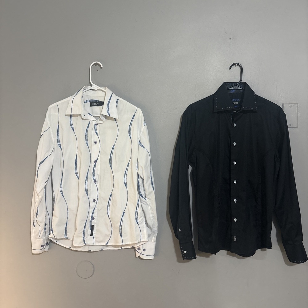 2 NEO Vintage Men's M Button Up Shirt 100% Cotton‎ With Blue Stitch  White/black